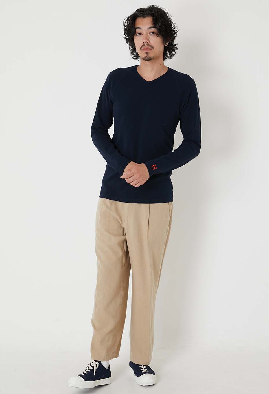 ストレッチフライス Vネックロングスリーブ Tシャツ - DARK NAVY