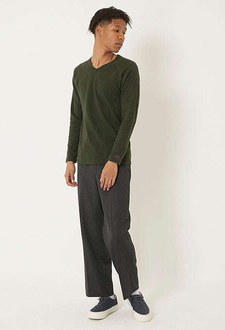 ストレッチフライス Vネックロングスリーブ Tシャツ - DARK GREEN