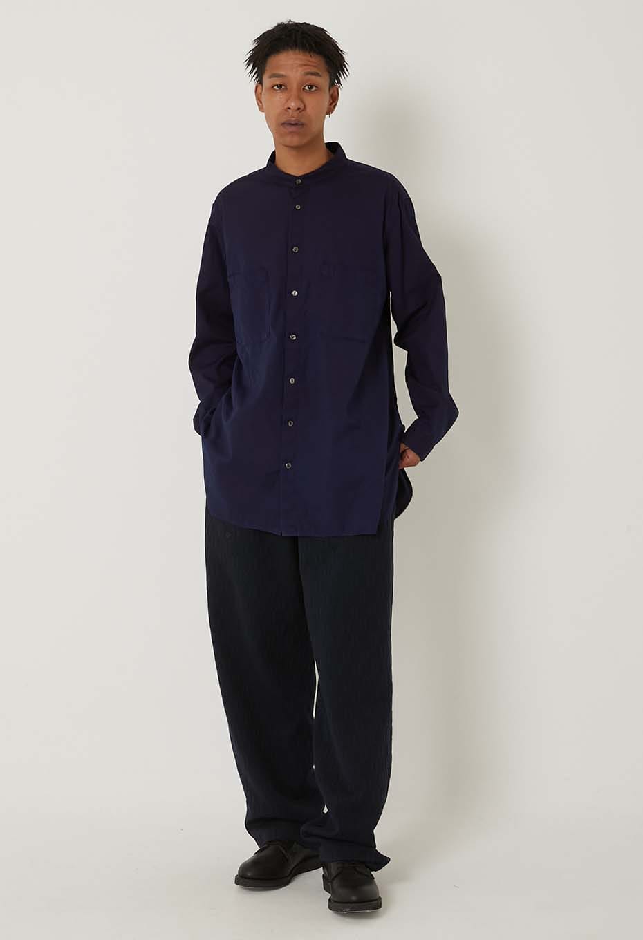 コットンピンオックス テゾメ バンドカラー ロングシャツ - INDIGO