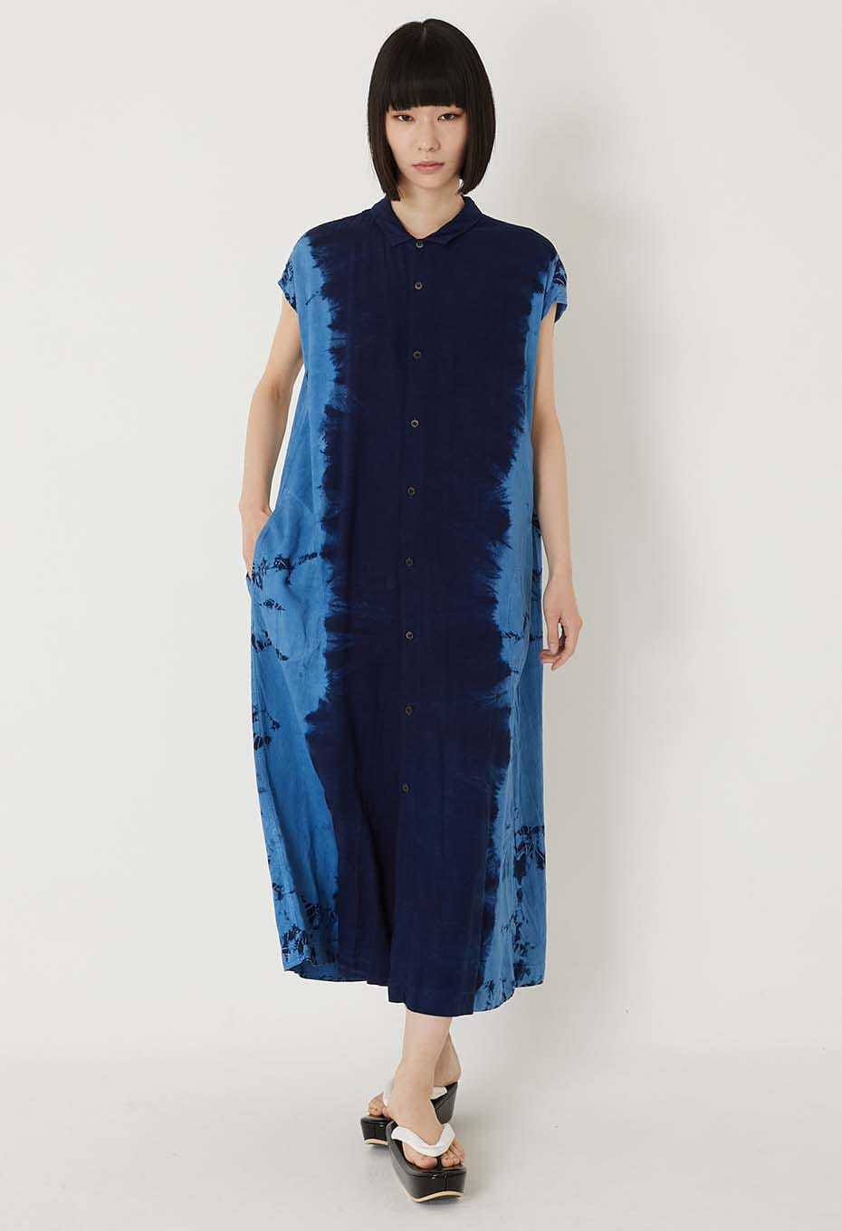 Aigasaneshibori linen shirt dress - INDIGO