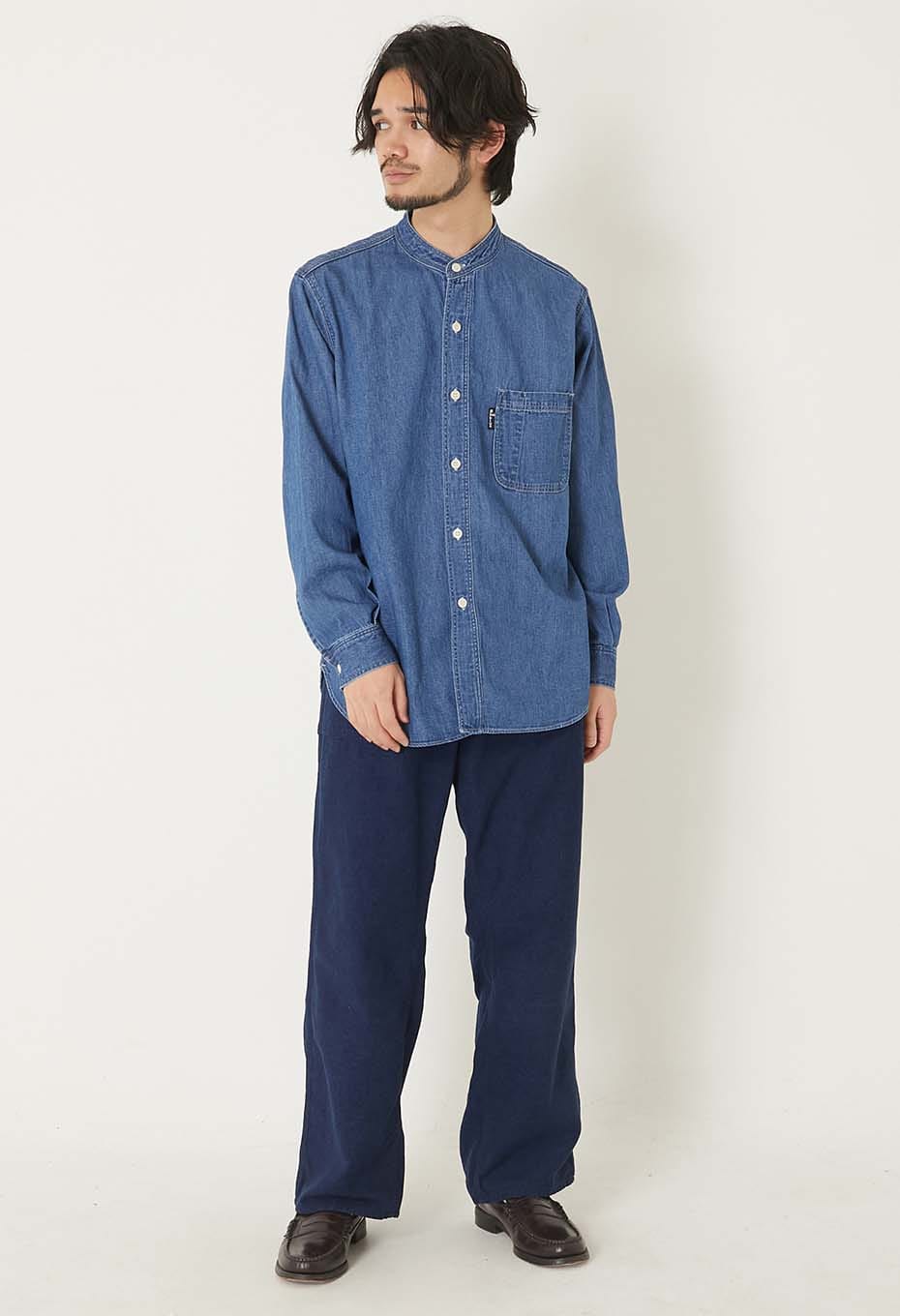 Denim stand collar work shirt - BLUE