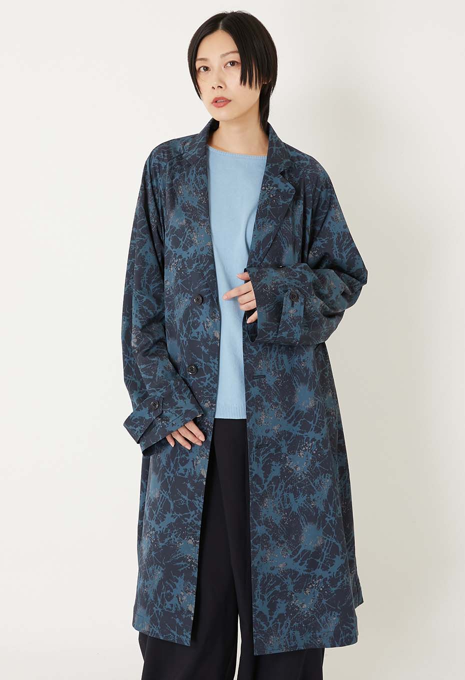 ショウカテンシャガラスプリント チェスターコート - NAVY