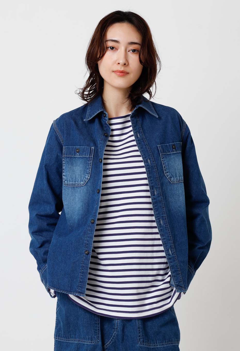 Jacquard shirt denim 2 pocket work shirt /VINTAGE WASH - BLUE