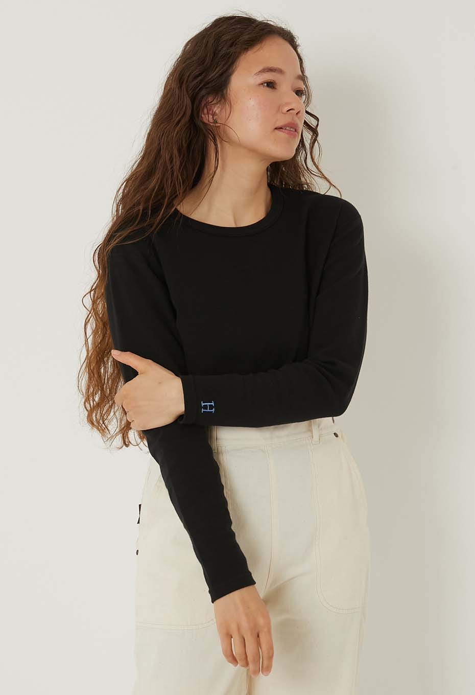 ストレッチフライス コンフォータブル ロングスリーブ Tシャツ - BLACK