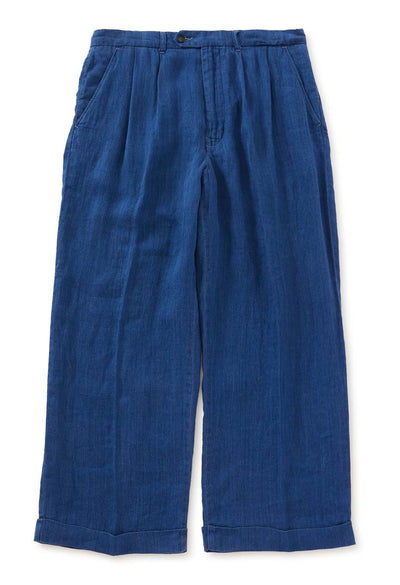 Indigo linen high-count twill 2-tuck wide trousers - INDIGO