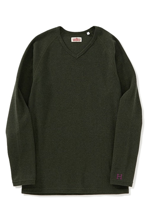 ストレッチフライス Vネックロングスリーブ Tシャツ - DARK GREEN
