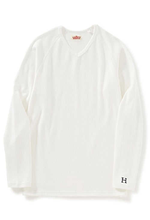 ストレッチフライス Vネックロングスリーブ Tシャツ - WHITE