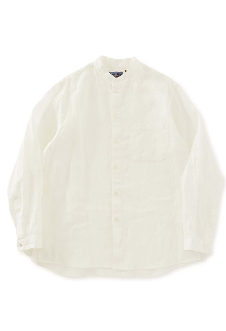 リネン スタンドカラー ロングスリーブシャツ - WHITE