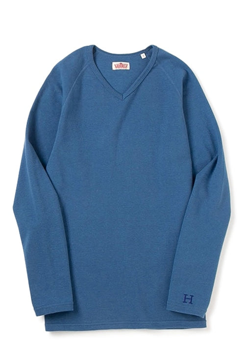 ストレッチフライス Vネックロングスリーブ Tシャツ - BLUE