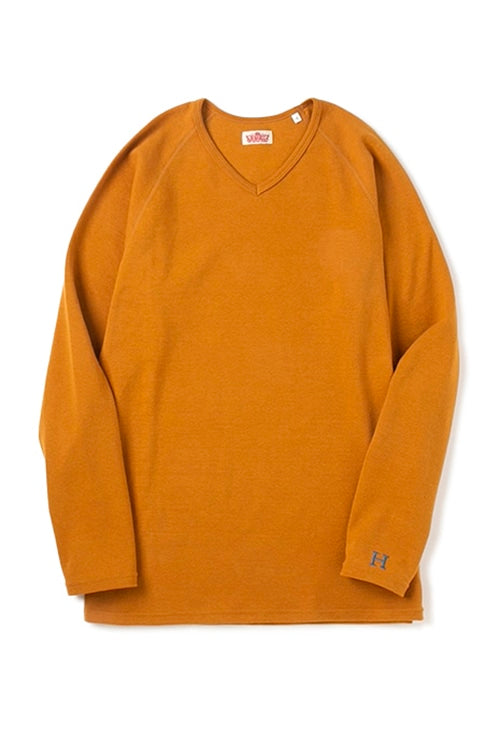 ストレッチフライス Vネックロングスリーブ Tシャツ - CAMEL