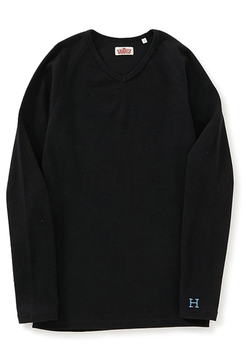 ストレッチフライス Vネックロングスリーブ Tシャツ - BLACK