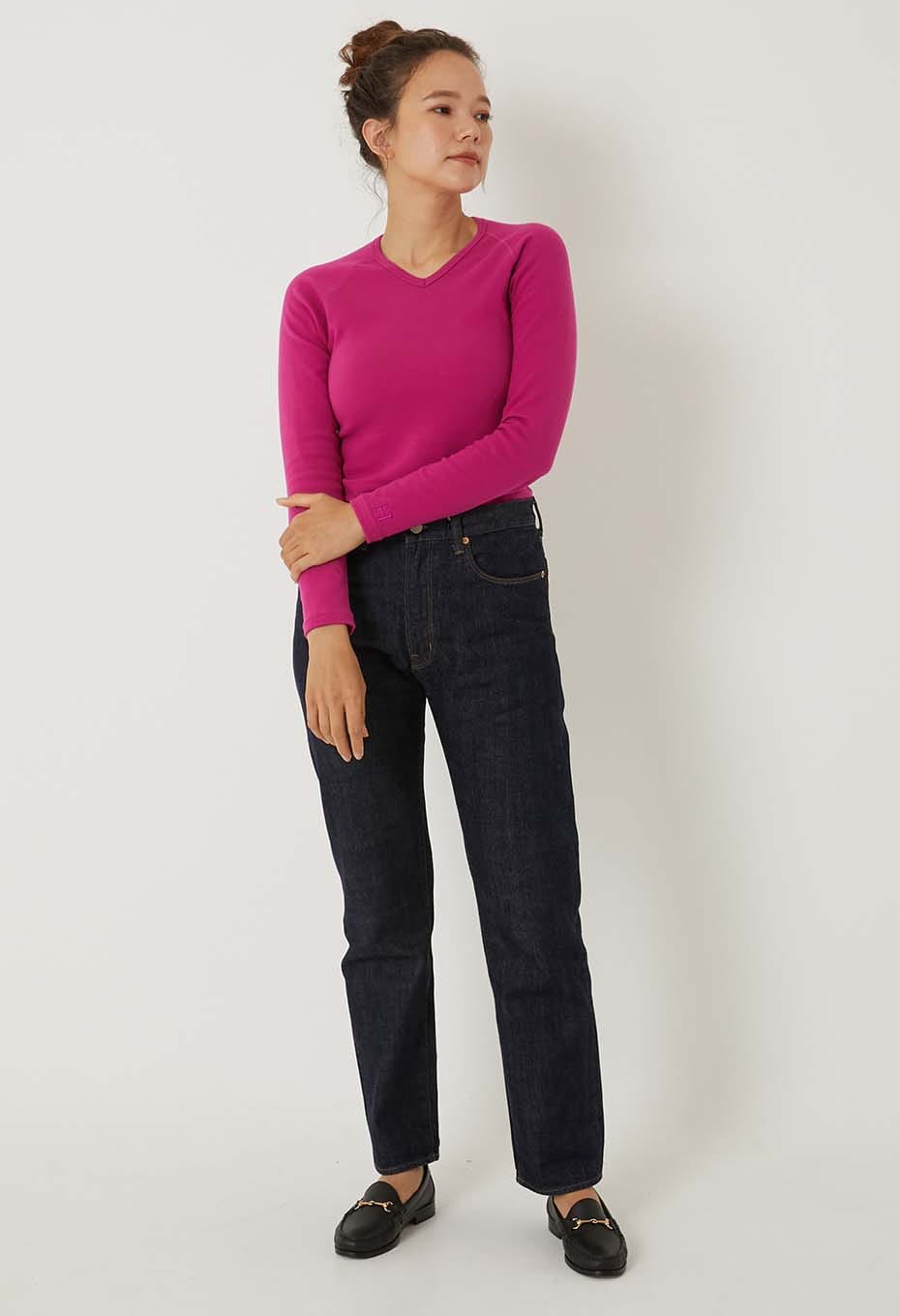 ストレッチフライス Vネックロングスリーブ Tシャツ - DARK PINK