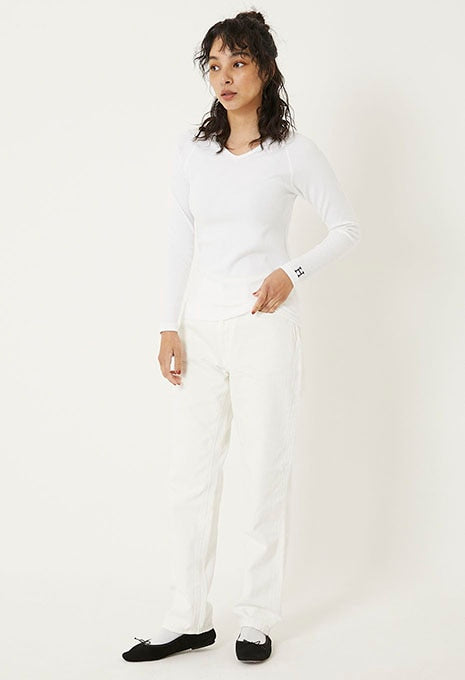 ストレッチフライス Vネックロングスリーブ Tシャツ - WHITE