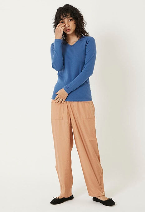 ストレッチフライス Vネックロングスリーブ Tシャツ - BLUE