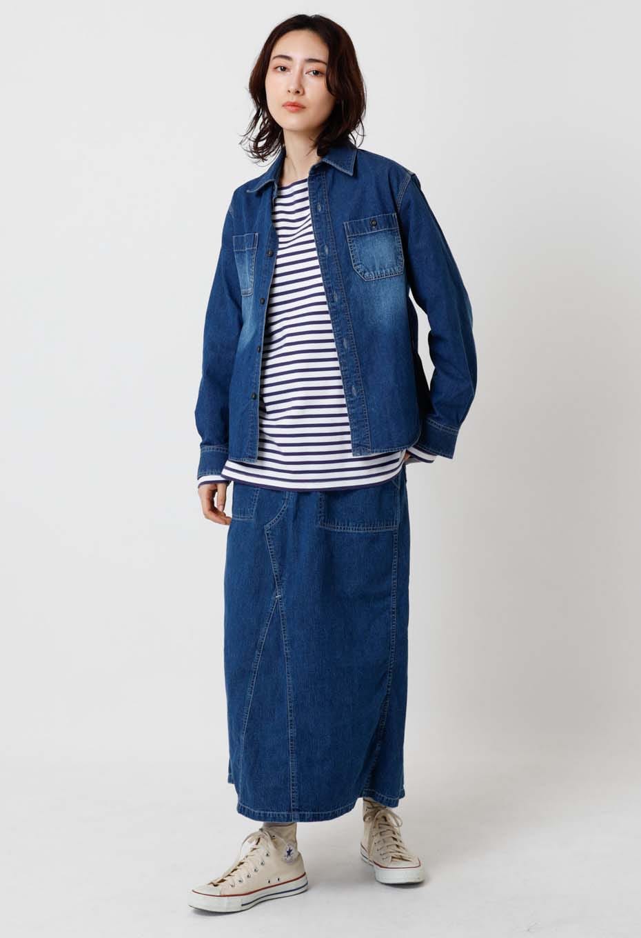 Jacquard shirt denim 2 pocket work shirt /VINTAGE WASH - BLUE